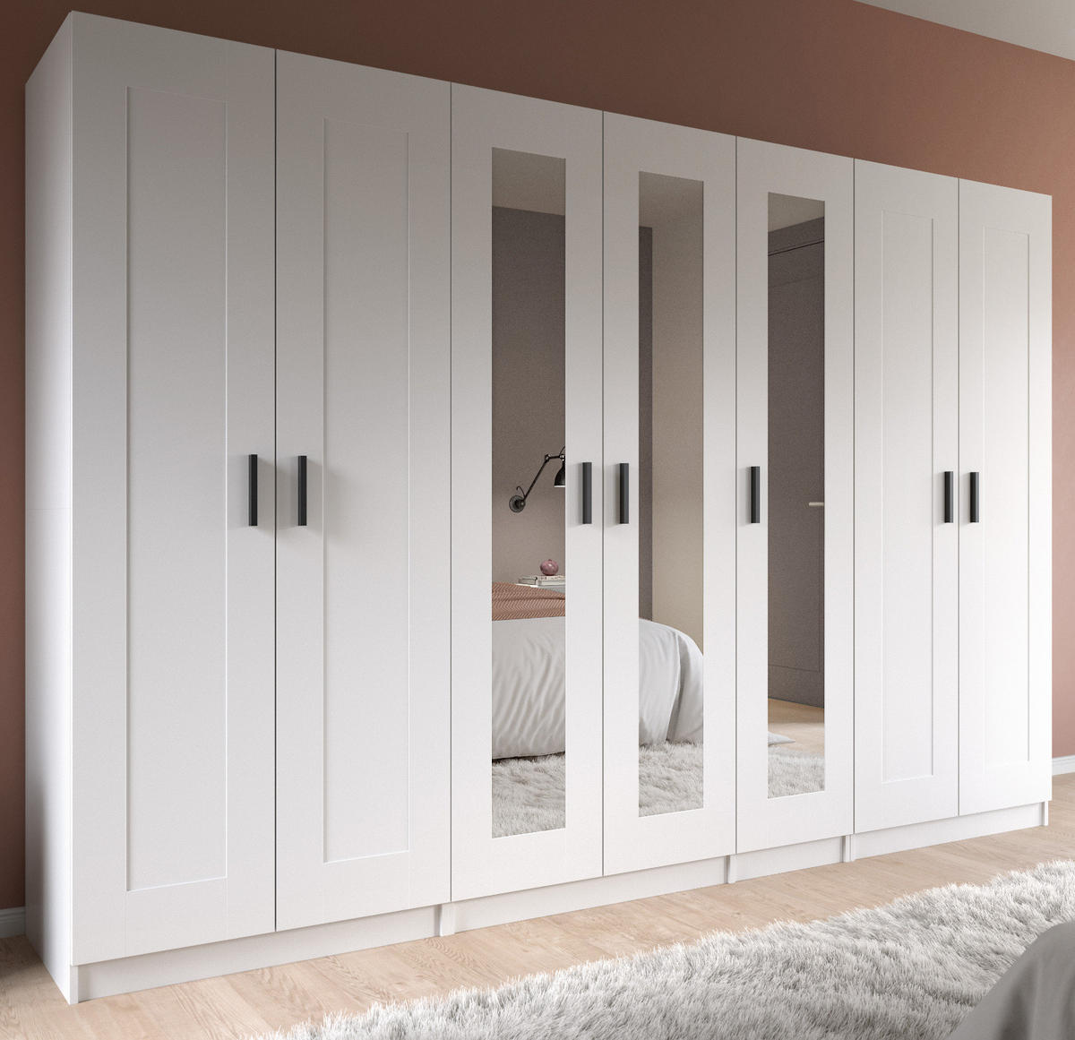 KLEIDERSCHRANK in weiß 280 x 194 cm skandinavisch, Drehtürenschrank 7-türig mit Spiegel - Schwarz/Weiß, Glas/Holzwerkstoff (280/194/56cm) - Inn.Furn