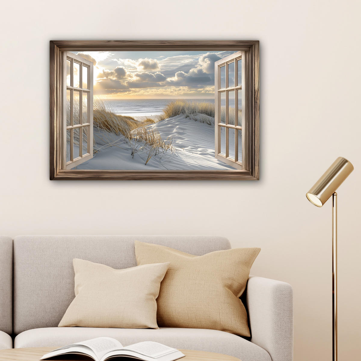 LEINWANDBILD Ausblick - Strand - Dünen - Meer - Natur Gemälde 60x40 cm - Sandfarben, Textil (60/40cm) - MuchoWow