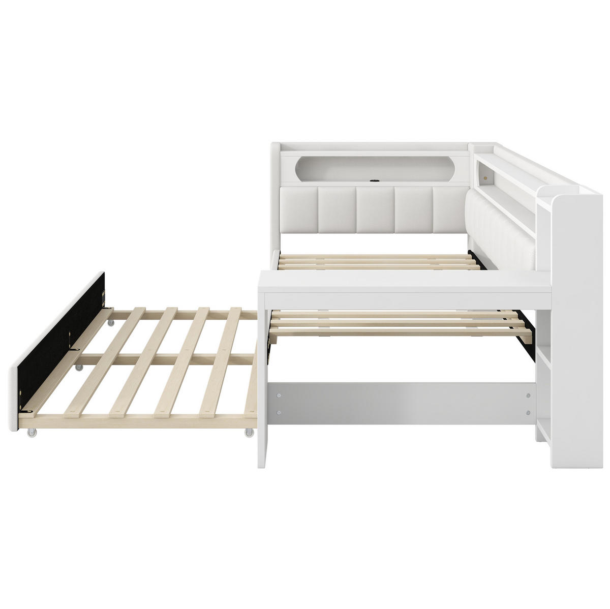 POLSTERBETT Kinder 90/200 cm aus MDF, Sperrholz und Leinen mit USB, LED-Beleuchtung, Ausziehbett und Schreibtisch Weiß - Weiß, Holzwerkstoff (90/200cm) - Modenvie