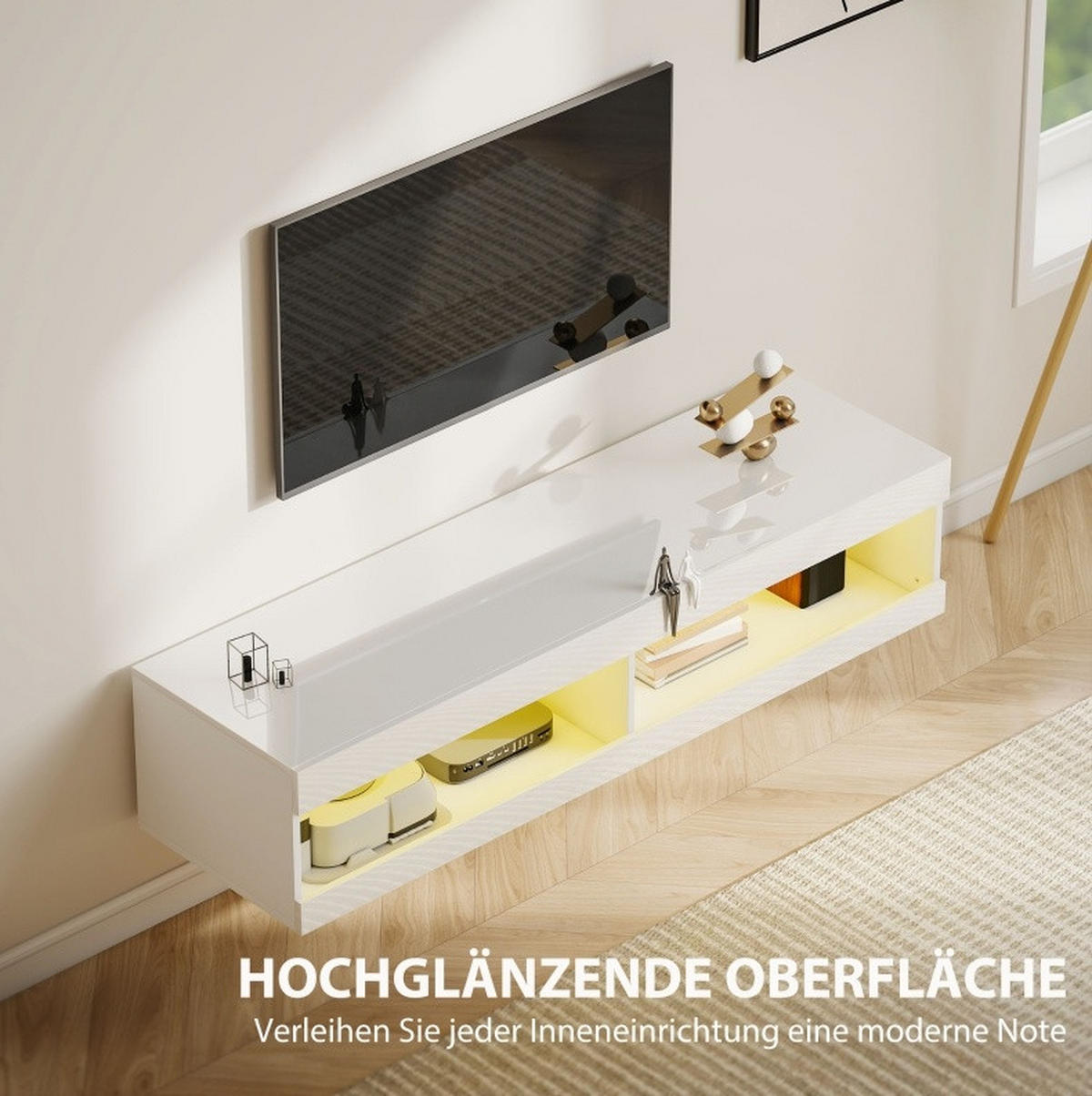 TV-LOWBOARD aus Holz 140x40x30 cm Weiß Hochglanz mit RGB-LED-Beleuchtung und Kabelmanagement - Weiß, Holzwerkstoff (140/30/40cm) - Modfu