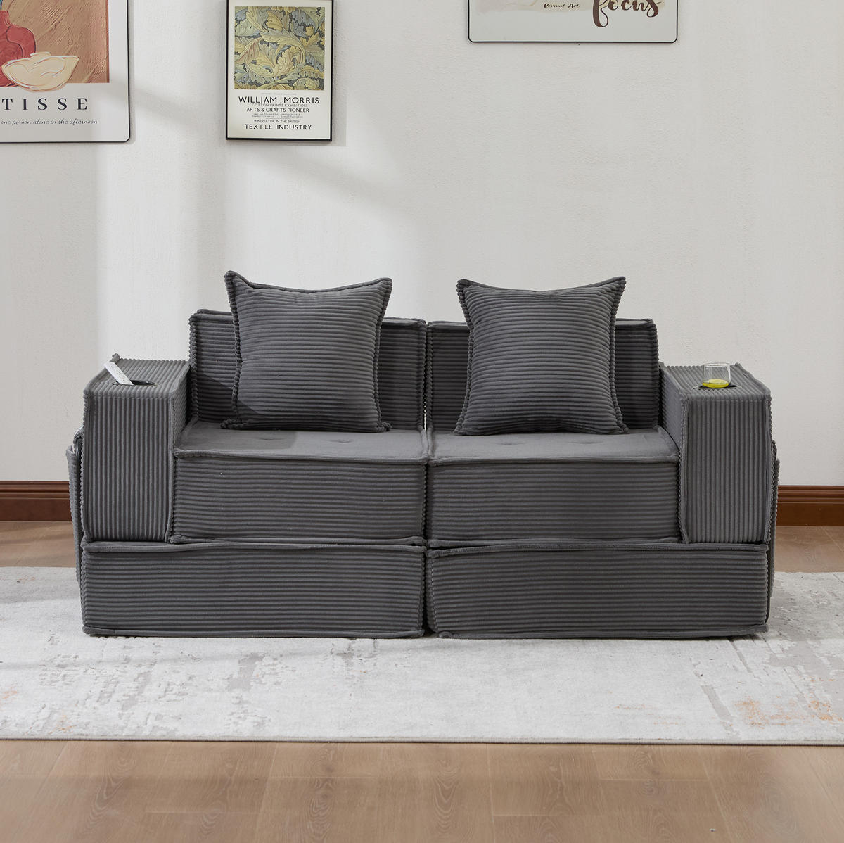 2-SITZER-SOFA aus Cord 162x78x66 cm Dunkelgrau mit 2 Kissen, Seitentaschen und niedriger, familienfreundlicher Form - Dunkelgrau, Textil (162/66/78cm) - Modfu