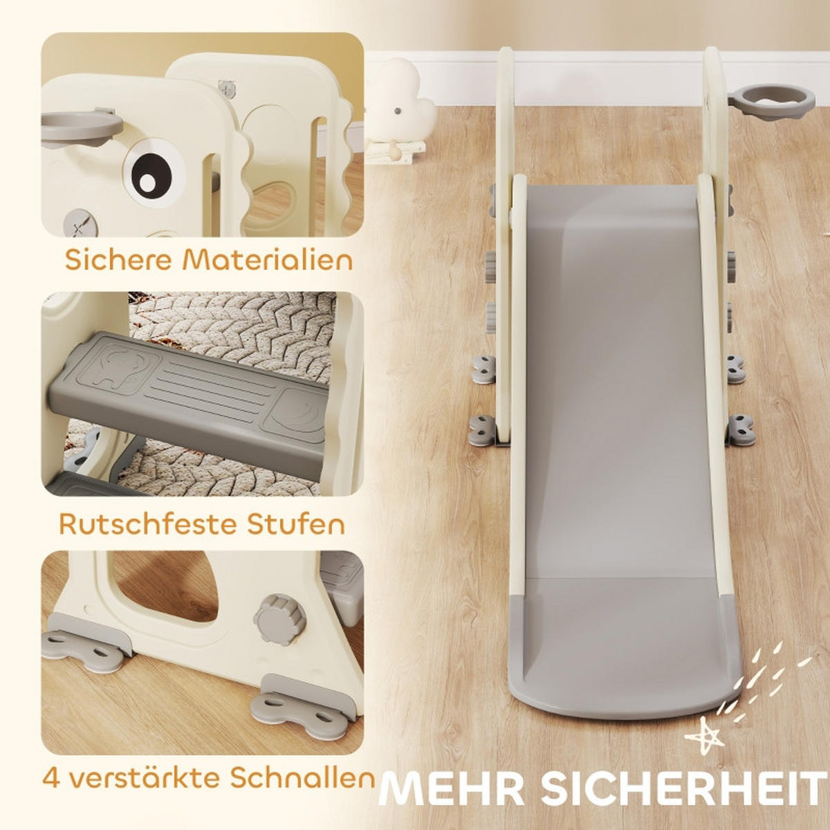 KINDERRUTSCHE 3-in-1 mit Klettergerüst und Basketballkorb faltbar für 2–5 Jahre - Ecru, Kunststoff (52/65/146cm) - Korfee