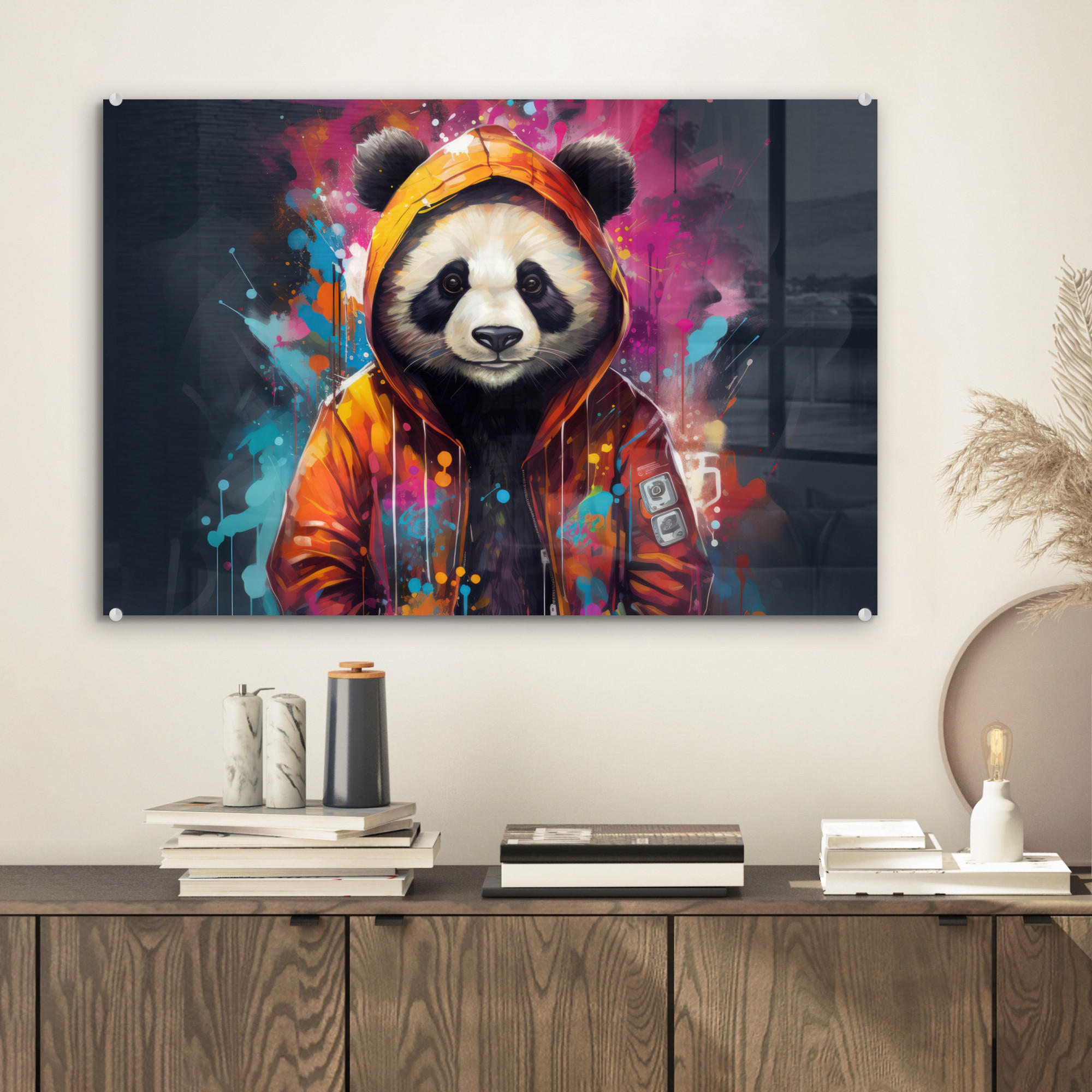 ACRYLGLASBILD Panda - Jacke - Graffiti - Orange 60x40 cm - Orange, Glas (60/40cm) - MuchoWow