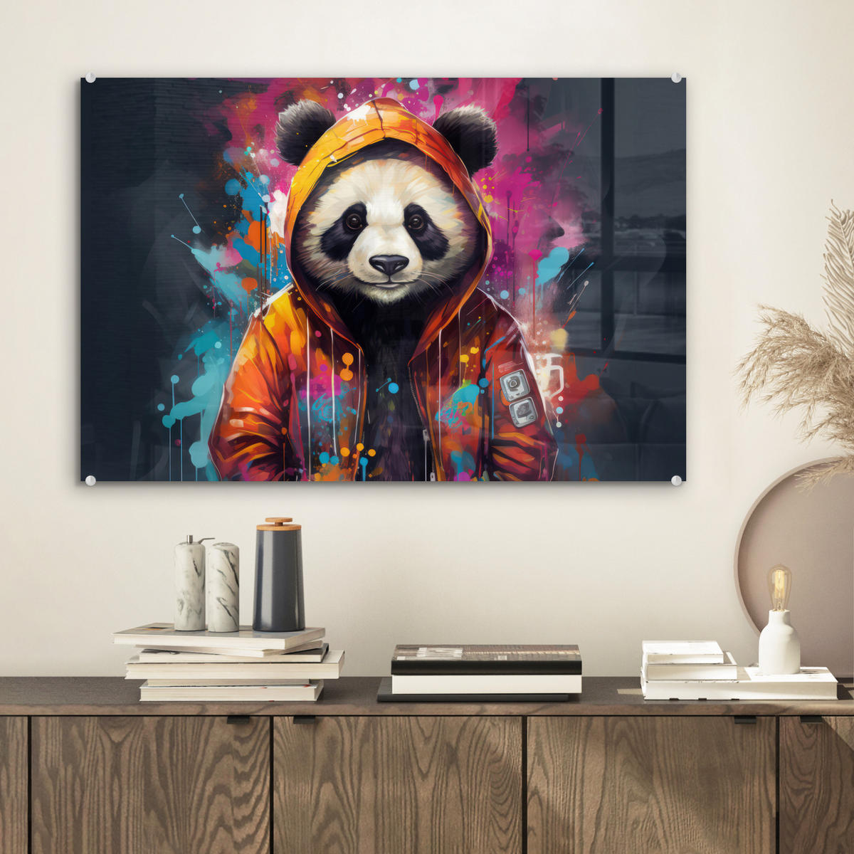 ACRYLGLASBILD Panda - Jacke - Graffiti - Orange 60x40 cm - Orange, Glas (60/40cm) - MuchoWow
