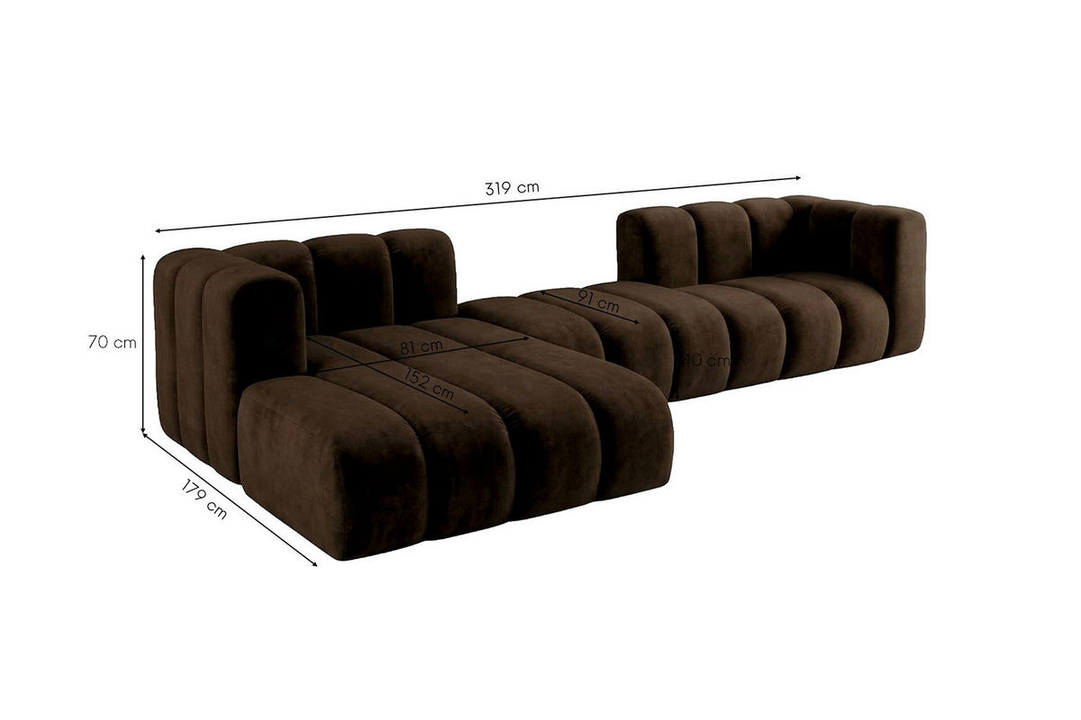 ECKSOFA Modulares In L-Form, Velvet-Stoff Riviera, Schokolade, Links, GRAND 319 cm - Braun, Holz (319/175cm) - Kaiser Möbel