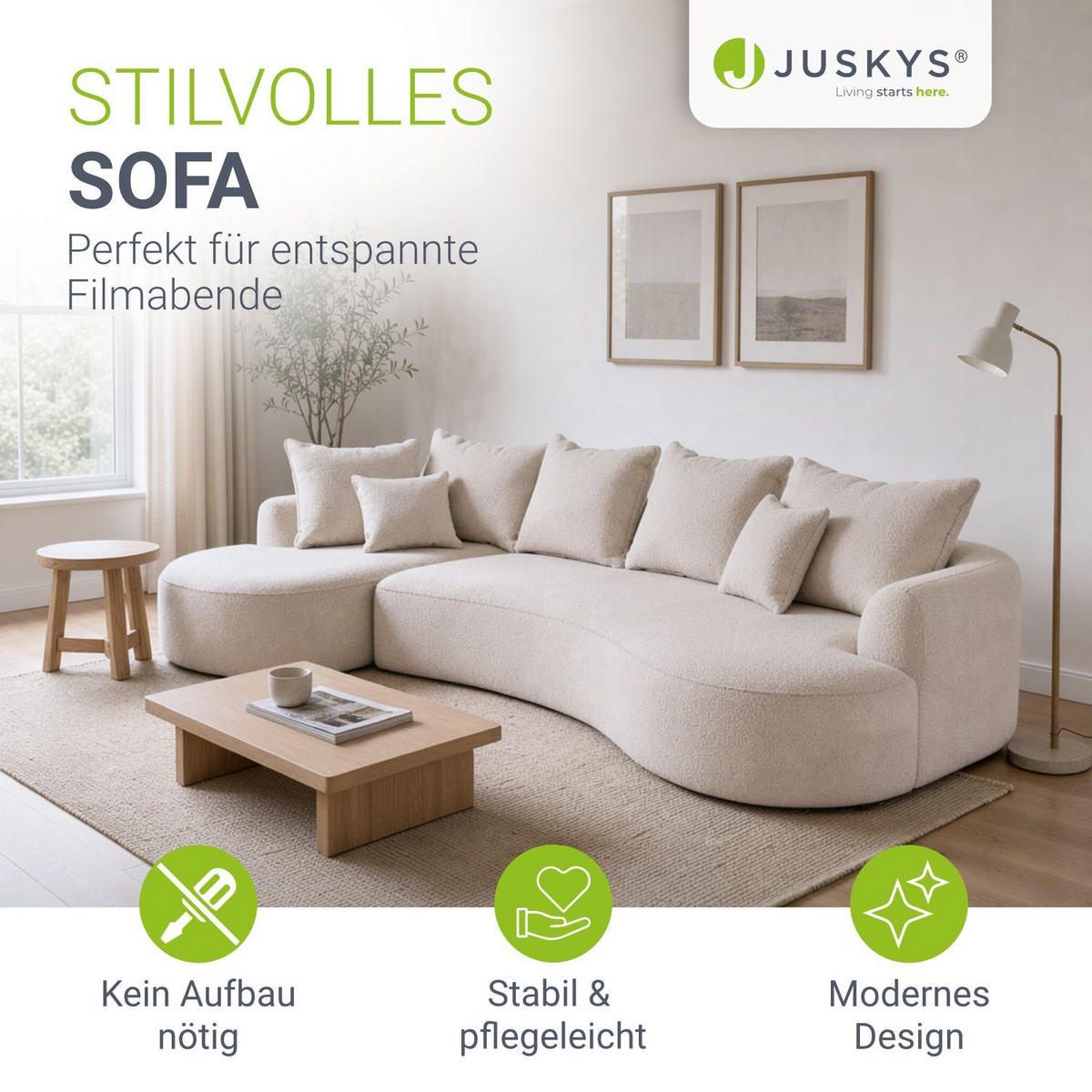 SOFA Tirano Bouclé Creme mit Ottomane links - Creme, Textil (102/300cm) - Juskys