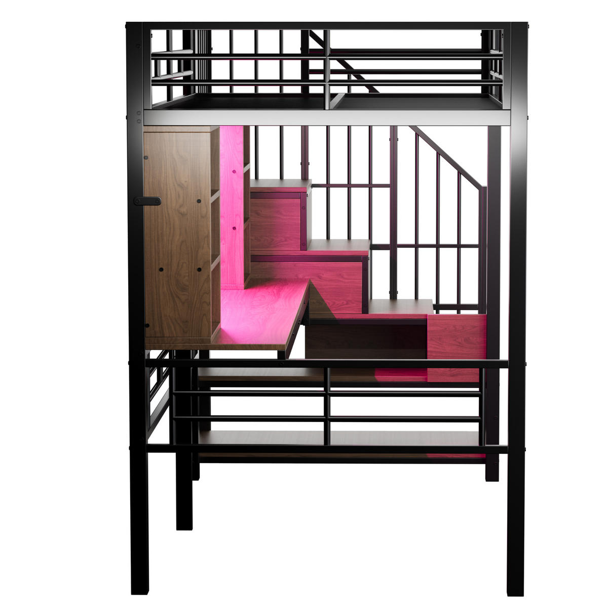 HOCHBETT 90/200 cm DE-01533, in Schwarz, mit Schreibtisch, Steckdose, LED und Stauraumtreppe - Schwarz, Metall (90/200cm) - ComfortXL