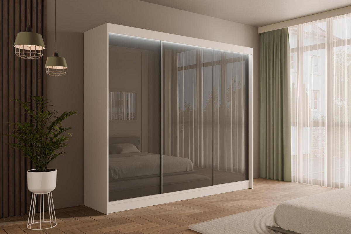 KLEIDERSCHRANK PEKA mit LED - 250 cm - Weiß|Grau - Weiß/Grau, Holzwerkstoff (250/215/61cm) - ALTDECOR