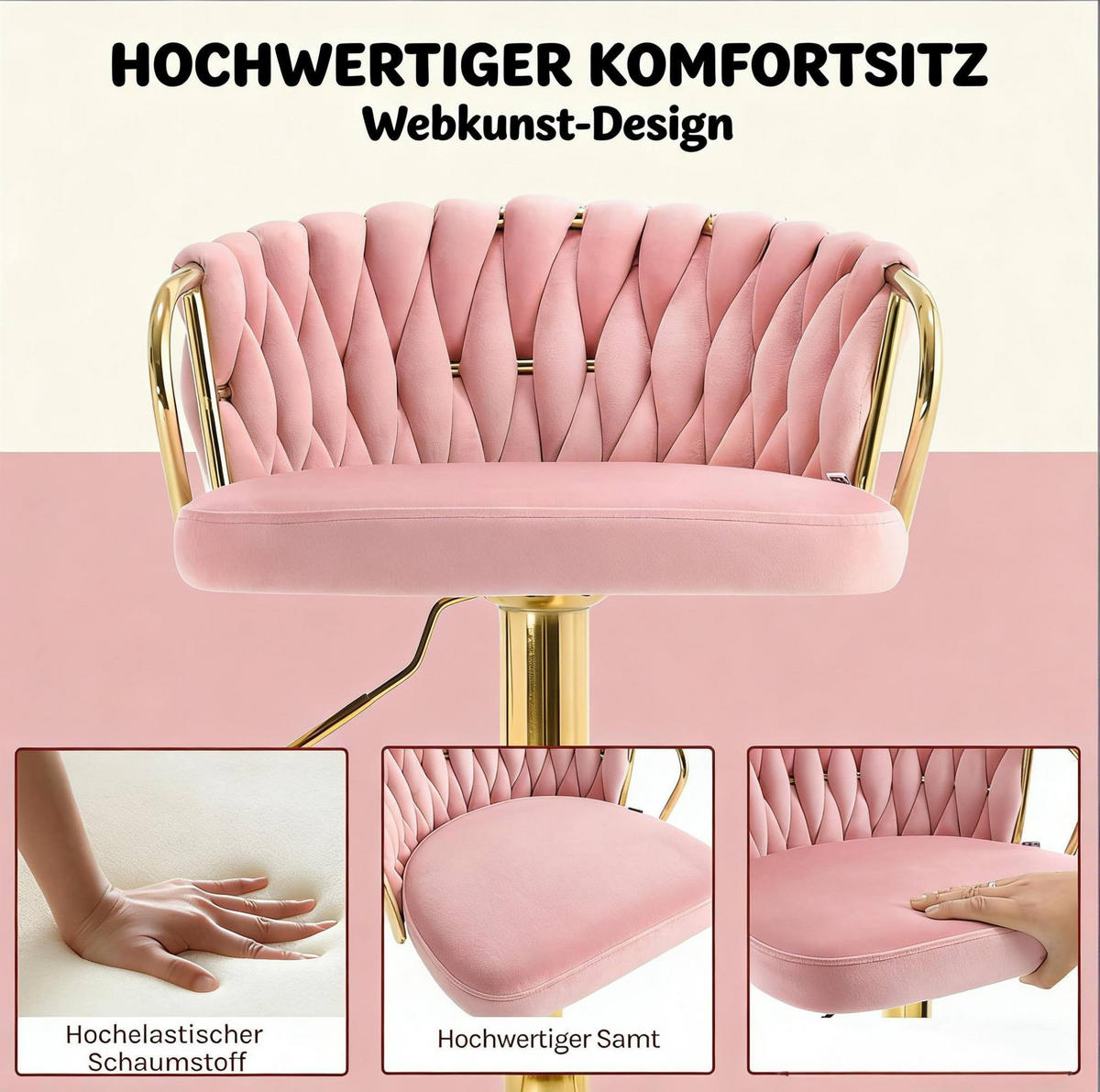 BARHOCKER 49,5/77–98/50,5 cm Rosa, höhenverstellbar und 360° drehbar - Rosa, Metall (49.5/98/50.5cm) - MIVRAY