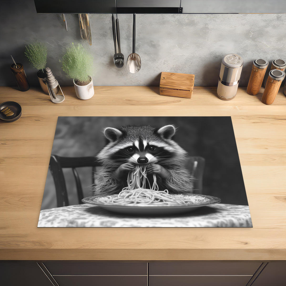 HERDABDECKPLATTE Waschbär - Niedlich - Pasta - Tischtuch - Schwarz - Weiß Herdabdeckung Induktionsfeld 70x52 cm - Grau, Kunststoff (70/52/0.2cm) - MuchoWow