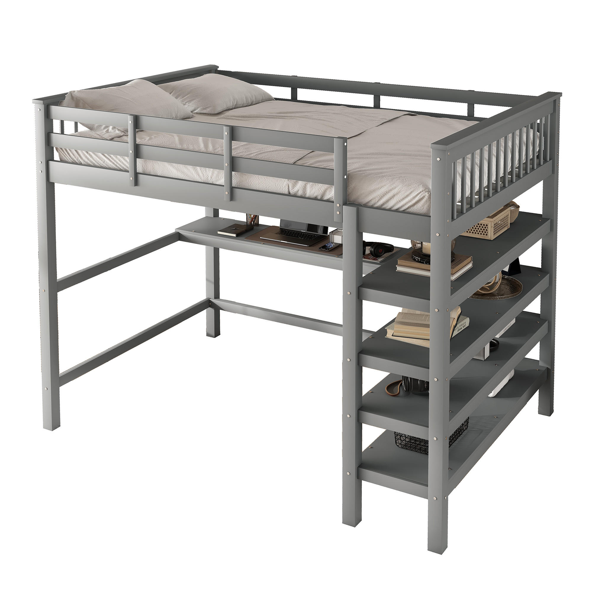 HOCHBETT 140/200 cm grau mit Ablagefächern und Unterbettschreibtisch - Grau, Holz (140/200cm) - OKWISH