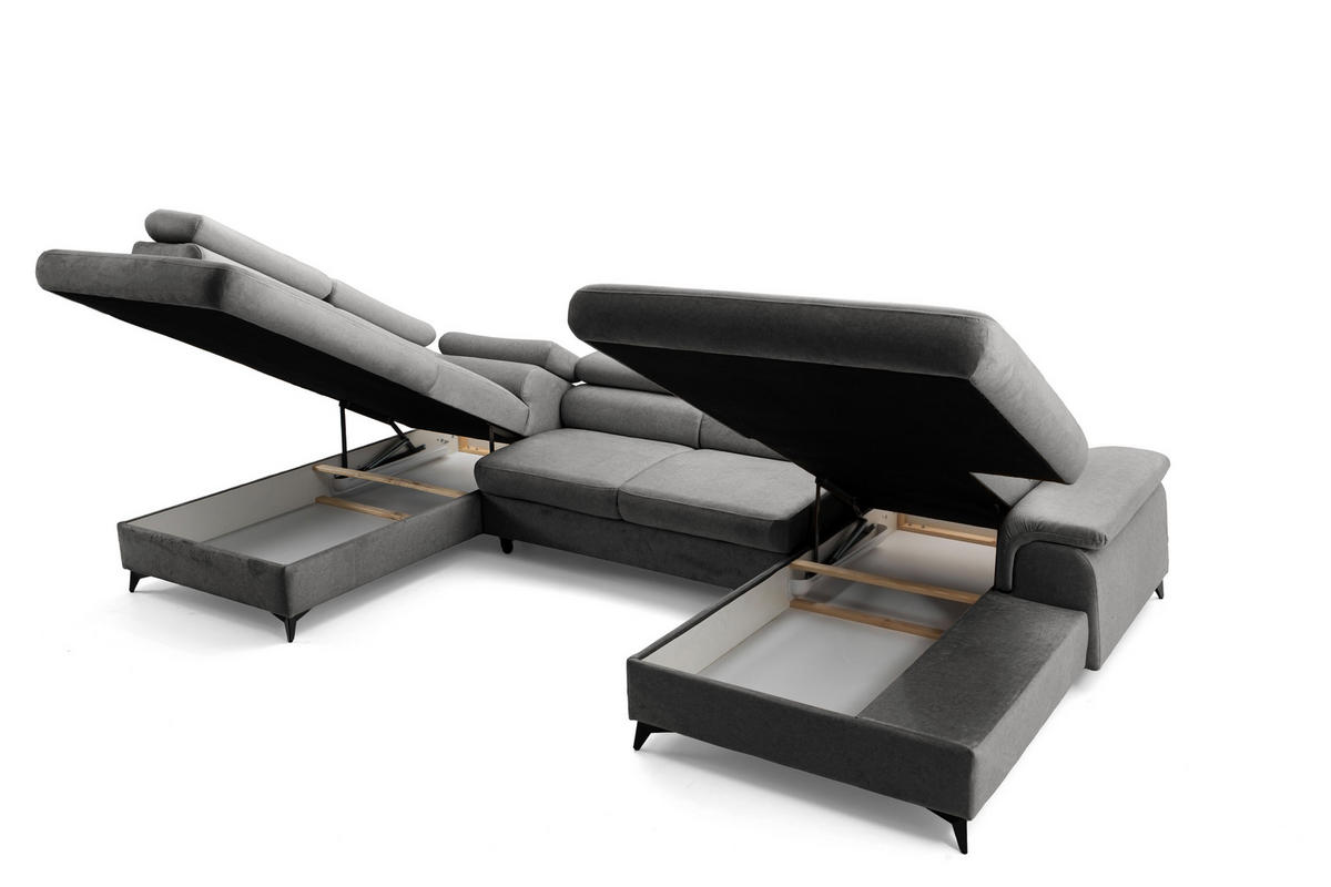 ECKSOFA U-Form PLAZA U Rechts mit Schlaffunktion 125x256 Velours Grau - Schwarz/Grau, Holz/Kunststoff (210/95/350cm) - Muffo