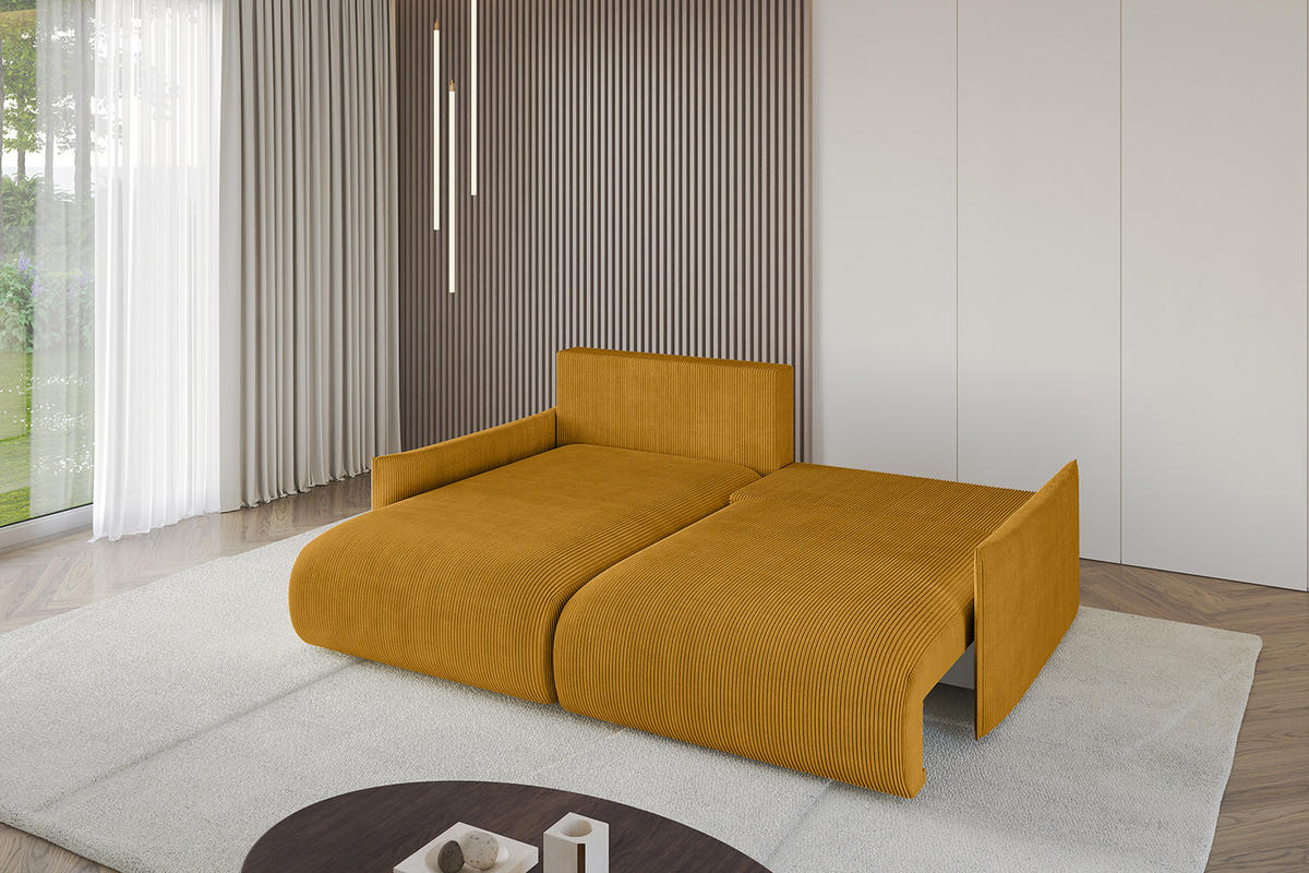 ECKSOFA mit Schlaffunktion und Bettkasten ONESK-L -v1 208x165x40 Senfgelb Cord - Currygelb, Holzwerkstoff/Kunststoff (208/165cm) - ALTDECOR