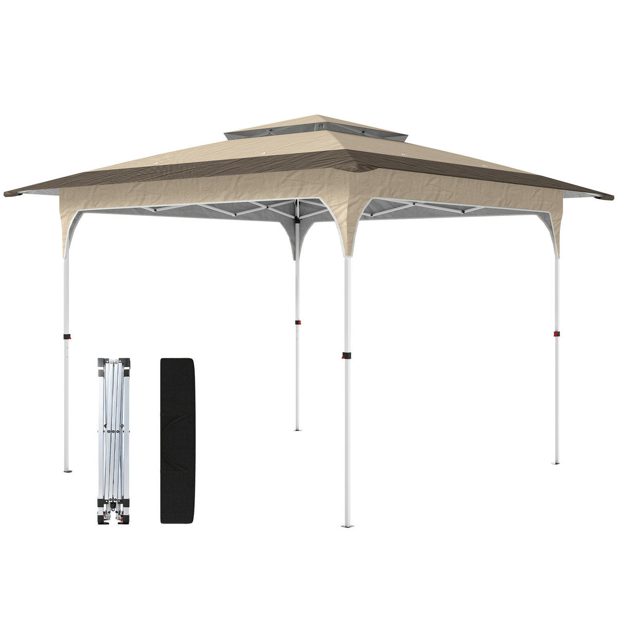 PAVILLON, faltbar mit 3 verstellbaren Höhenstufen, Doppeldach, 3,5 x 3,5 m, Khaki - Braun, Metall (352/278/352cm) - Vallsero