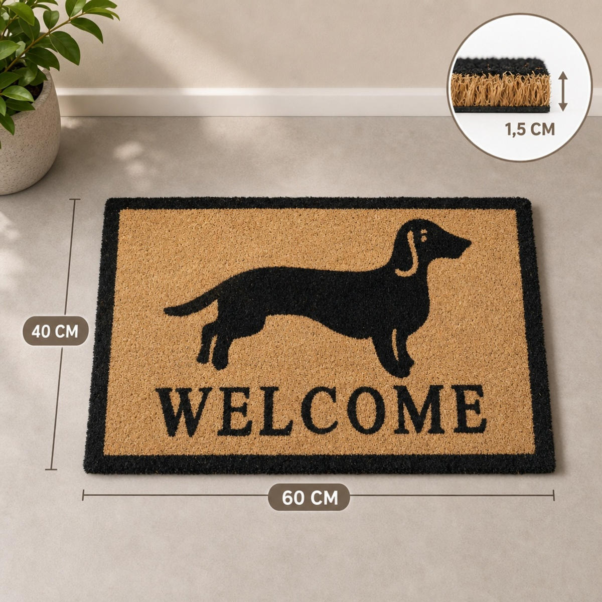 ROHOŽKA Přírodní Černá kokosová s jezevčíkem protiskluzová 60x40 cm - různobarevná, textil/plast (60/40cm) - Relaxdays