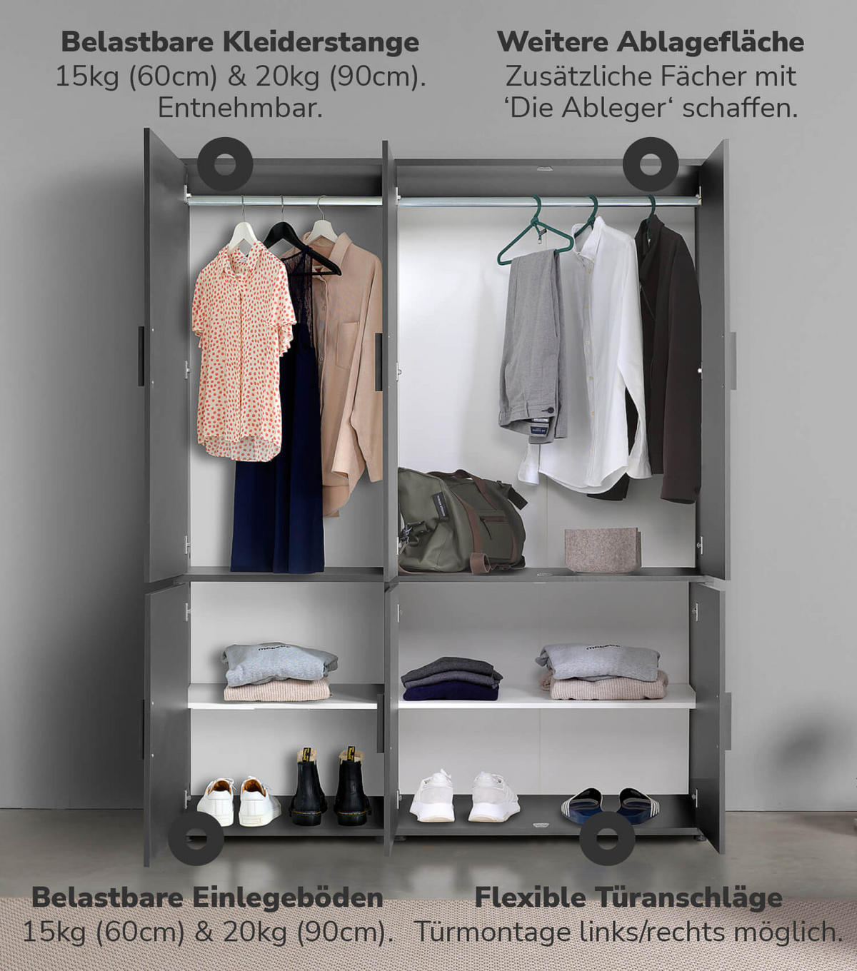 KLEIDERSCHRANK Der Grenzenlose - Anthrazit, Holzwerkstoff (150/187/58cm) - Mokebo