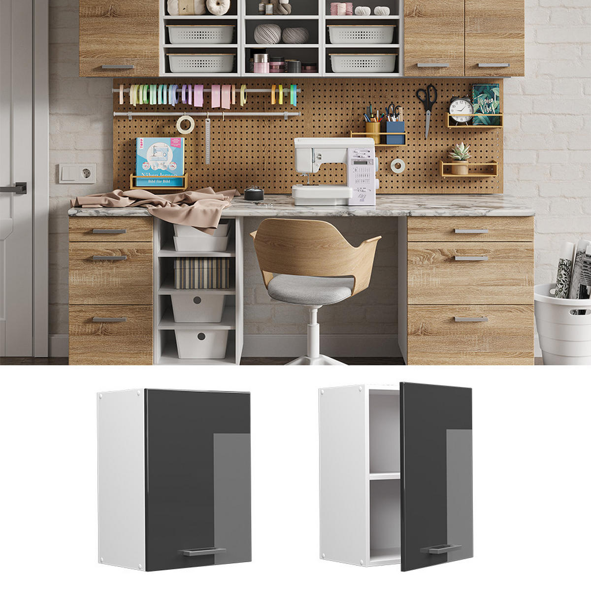 UNIVERZÁLNÍ NÁSTĚNNÁ SKŘÍŇKA R-Line Antracitový vysoký lesk - bílá/vysoce lesklá černá, kompozitní dřevo (45/60/31cm) - Vicco