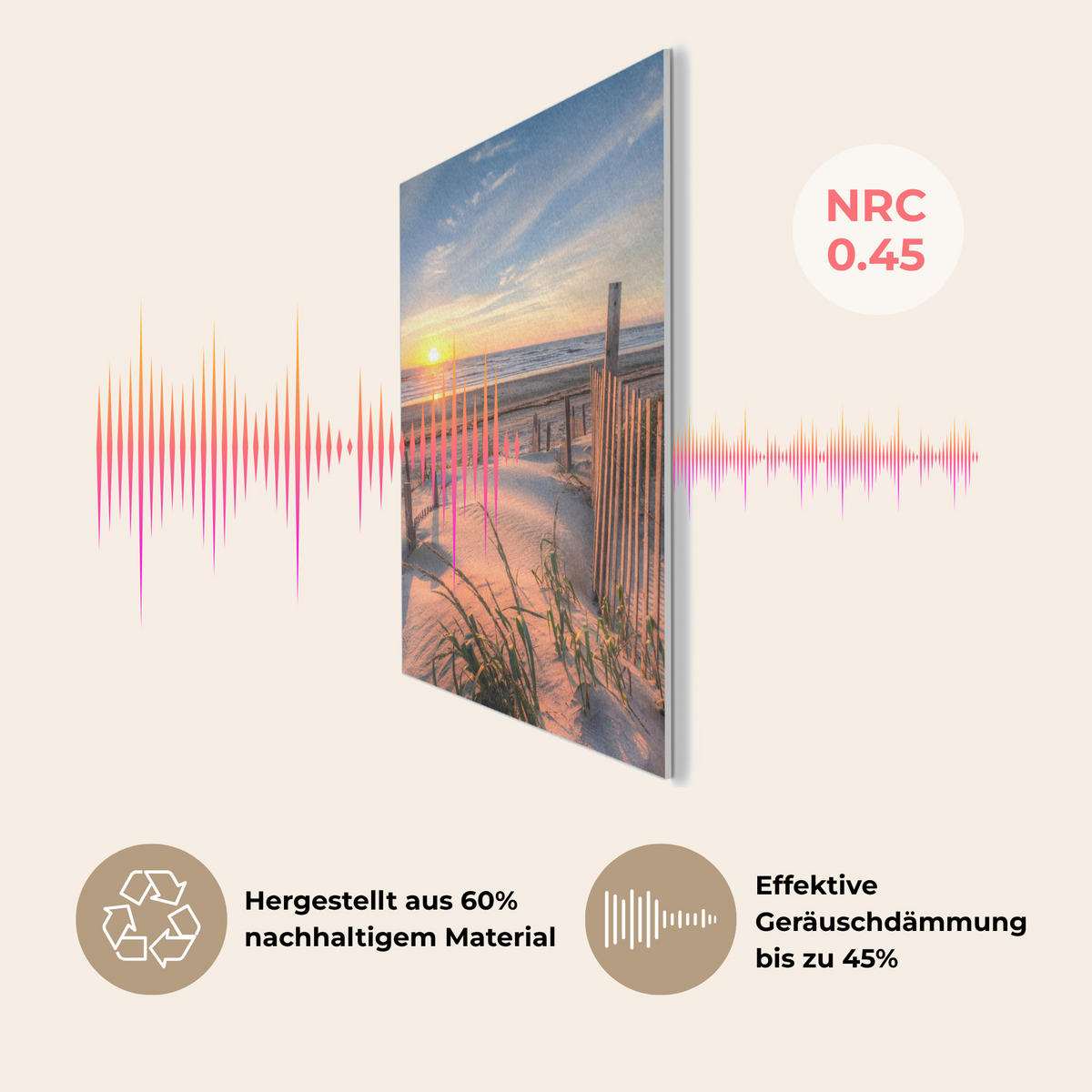AKUSTIKPANEEL Strand - Meer - Düne - Sonnenuntergang - Landschaft 70x100 cm - Beige, Textil (70/0.9/100cm) - MuchoWow