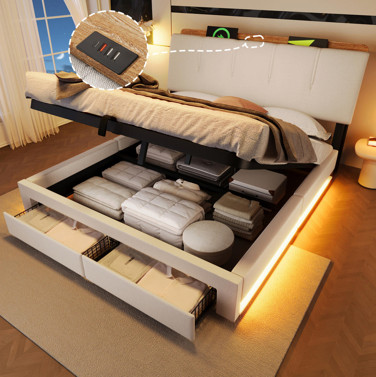 POLSTERBETT 140/200 cm mit LED-Beleuchtung, USB- und USB-C-Anschluss, hydraulischem Bettkasten und Schubladen, Beige - Beige, Textil (140/200cm) - Redom