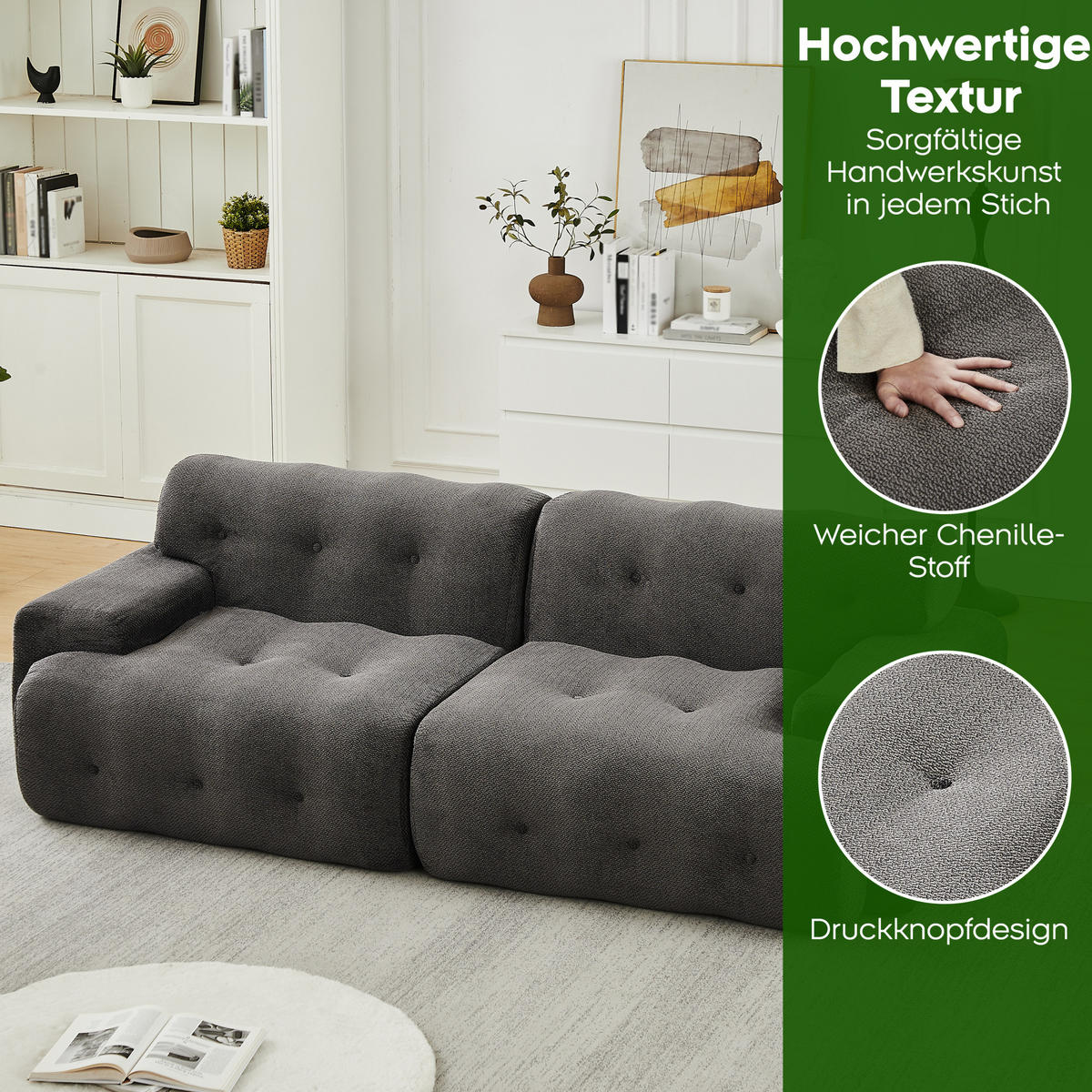 2-SITZER-SOFA 224/104/66 cm aus Chenille, ohne Montage mit breiten Armlehnen und Knopfheftung, Grau - Grau, Textil (224/66/104cm) - Redom