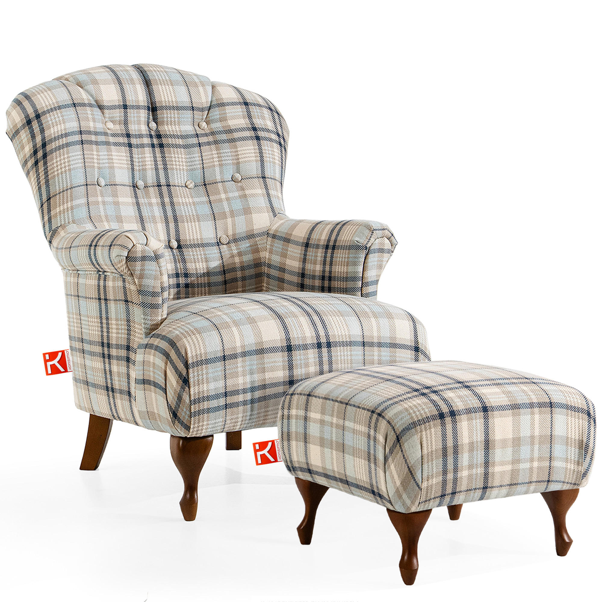SESSEL MIT FUẞSTÜTZE TOMIS, Beige/Blau - Blau/Beige, Eichenholz/Holz (76/101/83cm) - KONSIMO®