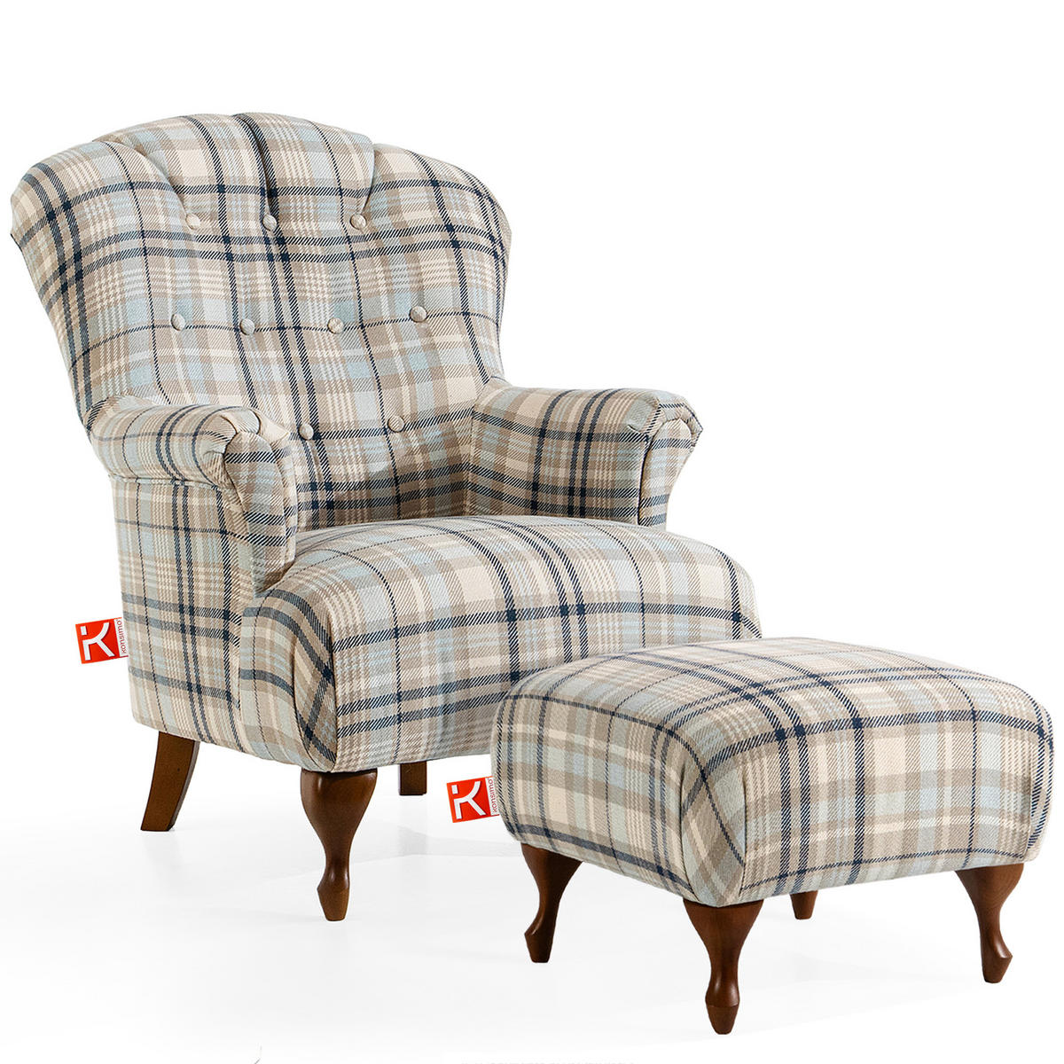 SESSEL MIT FUẞSTÜTZE TOMIS, Beige/Blau - Blau/Beige, Eichenholz/Holz (76/101/83cm) - KONSIMO®