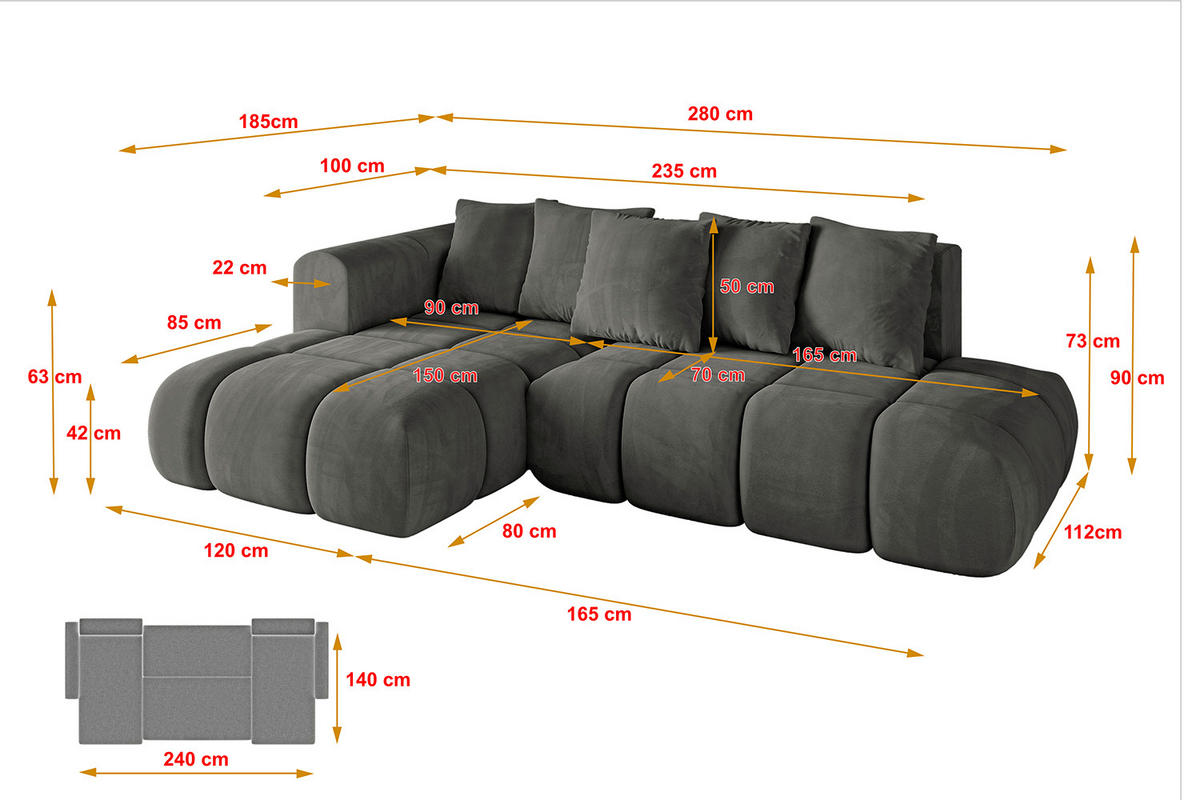 ECKSOFA Ottomane Links CLOUD-L-v1 280x185x90 Dunkelgrau Velours - Dunkelgrau, Holzwerkstoff/Kunststoff (180/289cm) - ALTDECOR