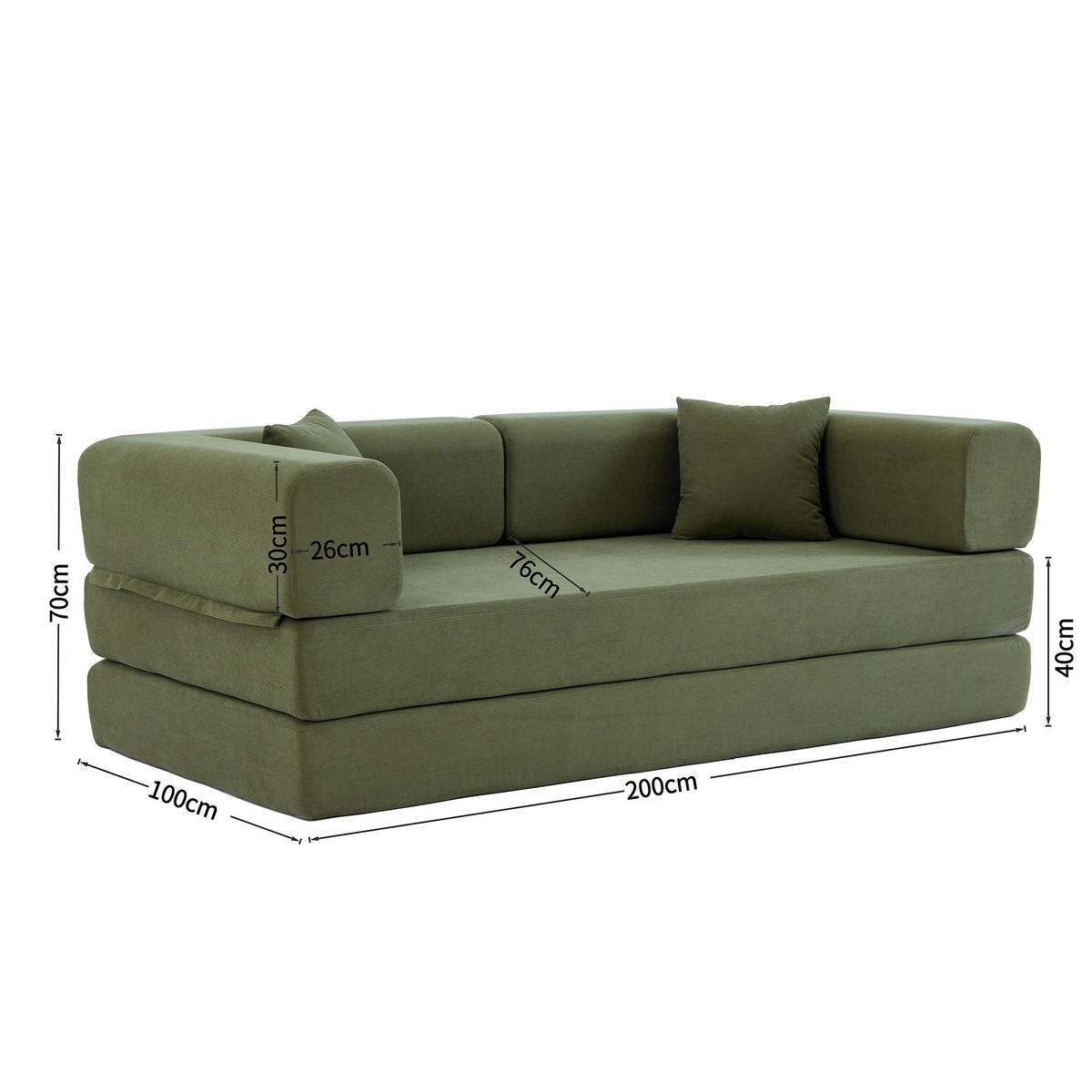 PODNA SOFA s cilindričnim naslonom za leđa, sklopiva, tkanina corduroy - Zelena - zelena, tekstil (100/70/200cm) - KOMHTOM