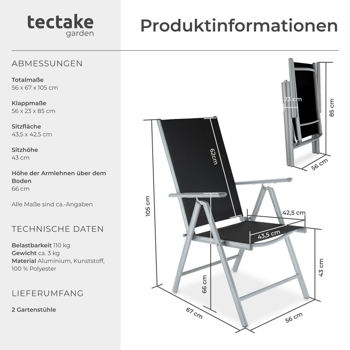GARTENSTUHL 2er Set Marilena, 67 x 56 x 105 cm,silber - Silberfarben, Metall (56/105/67cm) - tectake