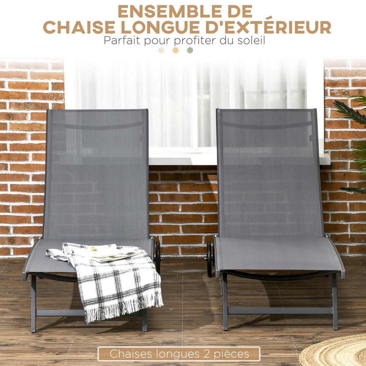 SONNENLIEGE 2er-Set DE-15619 mit Rollen, 5-fach verstellbar Dunkelgrau - Dunkelgrau, Metall (165/102/66cm) - ComfortXL