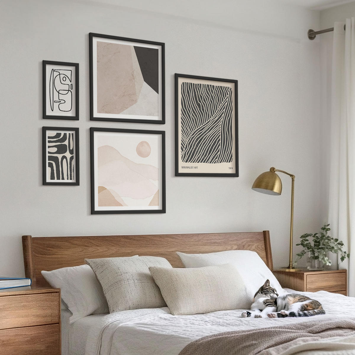BILDER SET 5er Set - 50x50 cm & 20x30 cm & 40x60 cm Schwarzer Rahmen - Abstrakte Muster mit Linien - Schwarz, Kunststoff (40/60cm) - TULUP