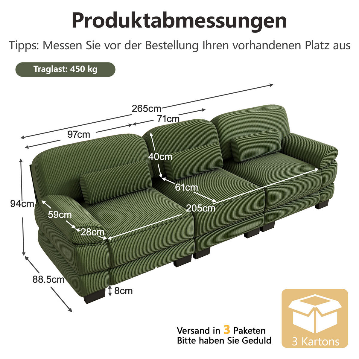 3-SITZER-SOFA mit Lendenkissen, Cordbezug, DE-42659, Grün - Grün, Holz (265/94/88.5cm) - ComfortXL