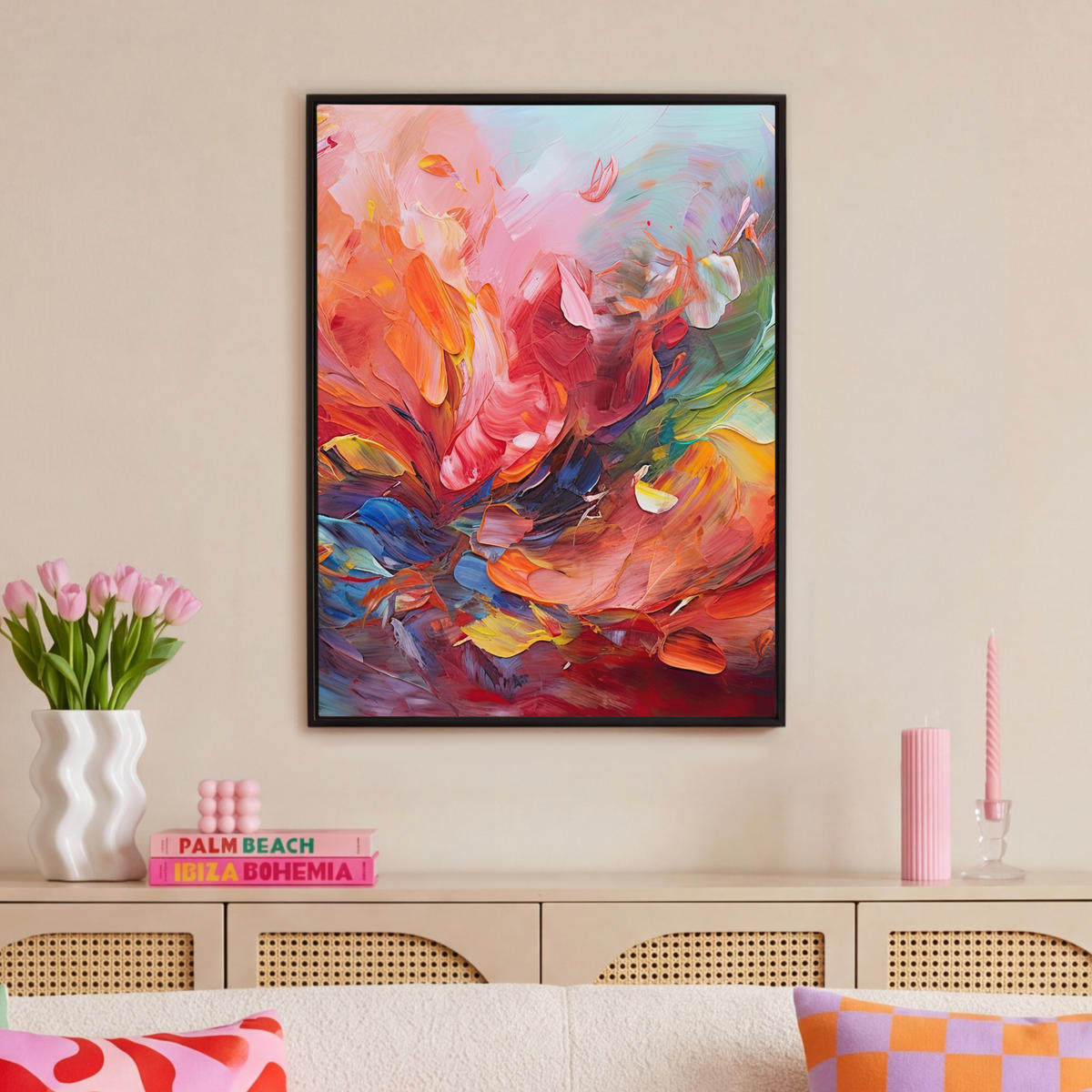LEINWAND Bilder mit Rahmen - Ölgemälde - Kunst - Abstrakt - Farbenfroh - 70x100 - Altrosa, Textil (70/100cm) - MuchoWow