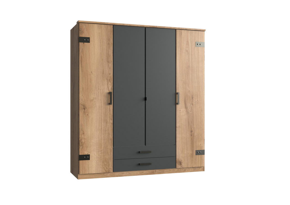 KLEIDERSCHRANK Cork in Plankeneiche mit Grafit 180x199x58 cm (BxHxT) – Drehtürenschrank ohne Spiegel in Breite 180cm - Braun/Grau, Holzwerkstoff (120/200/80cm)
