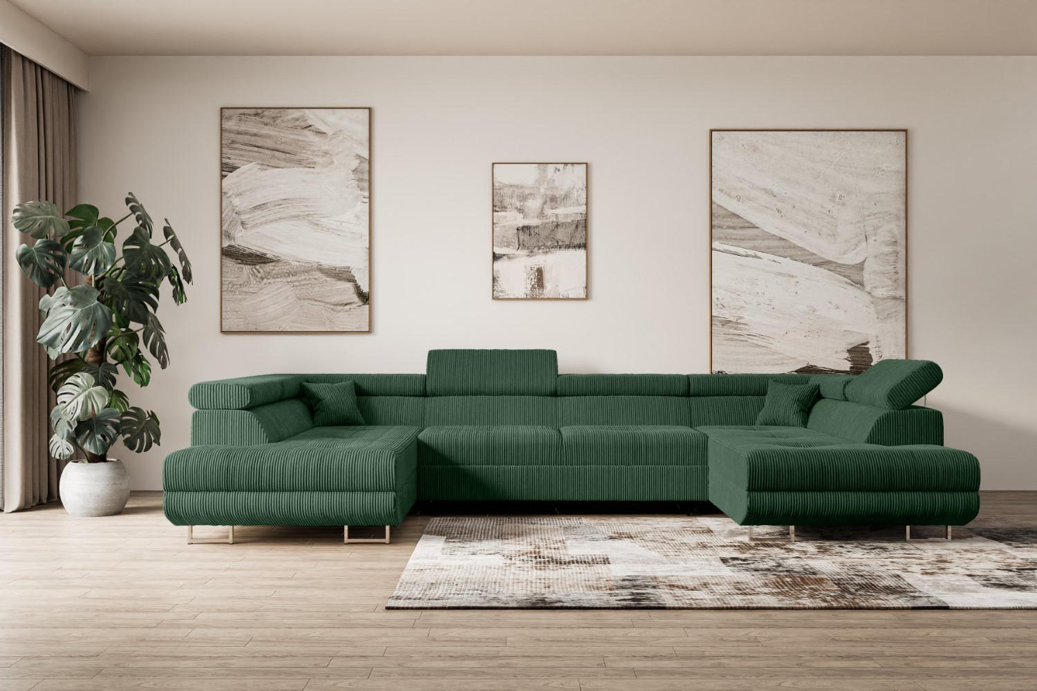 WOHNLANDSCHAFT mit Schlaffunktion und Bettkasten GUSA-U 342x202x107 cm Grün Cord - Silberfarben/Grün, Holzwerkstoff/Textil (342/107/202cm) - ALTDECOR