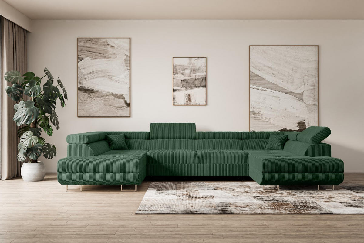 WOHNLANDSCHAFT mit Schlaffunktion und Bettkasten GUSA-U 342x202x107 cm Grün Cord - Silberfarben/Grün, Holzwerkstoff/Textil (342/107/202cm) - ALTDECOR