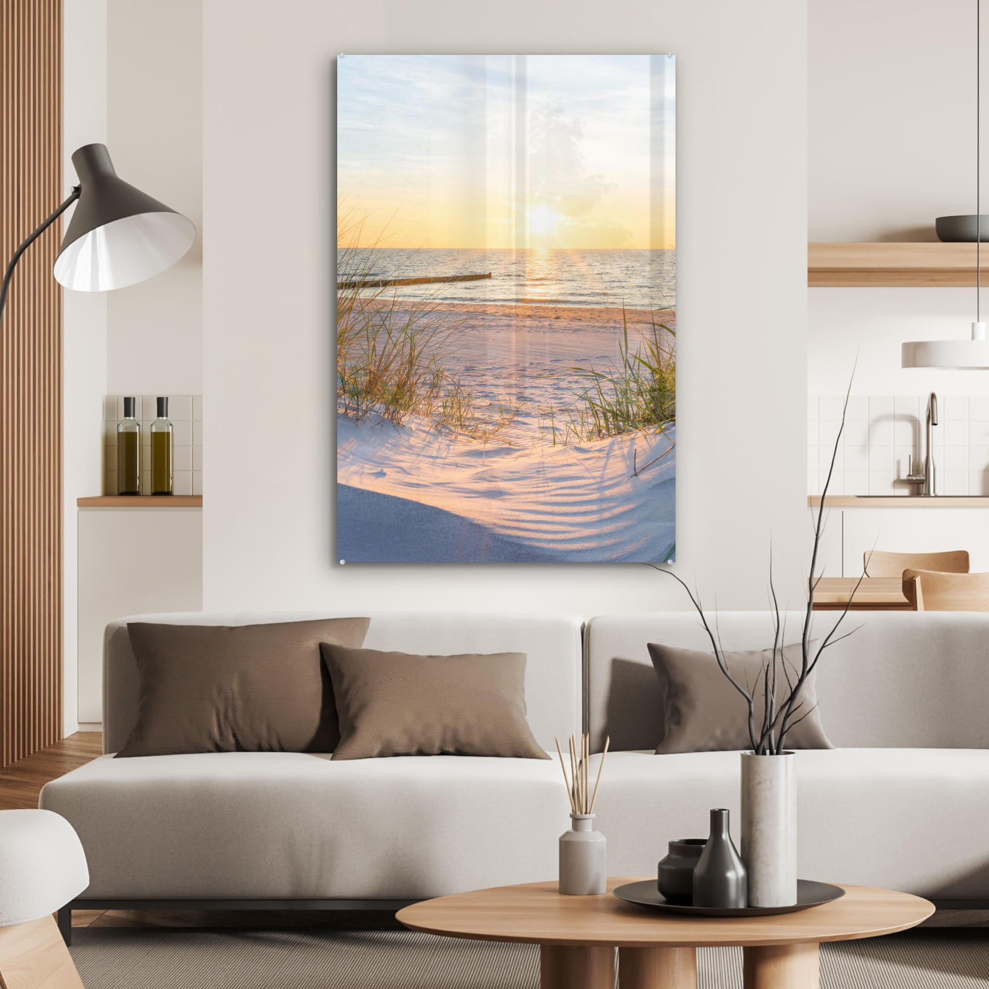 ACRYLGLASBILD Strand - Sonne - Düne - Gras - Sand - Horizont 60x90 cm - Hellblau, Glas (60/90cm) - MuchoWow