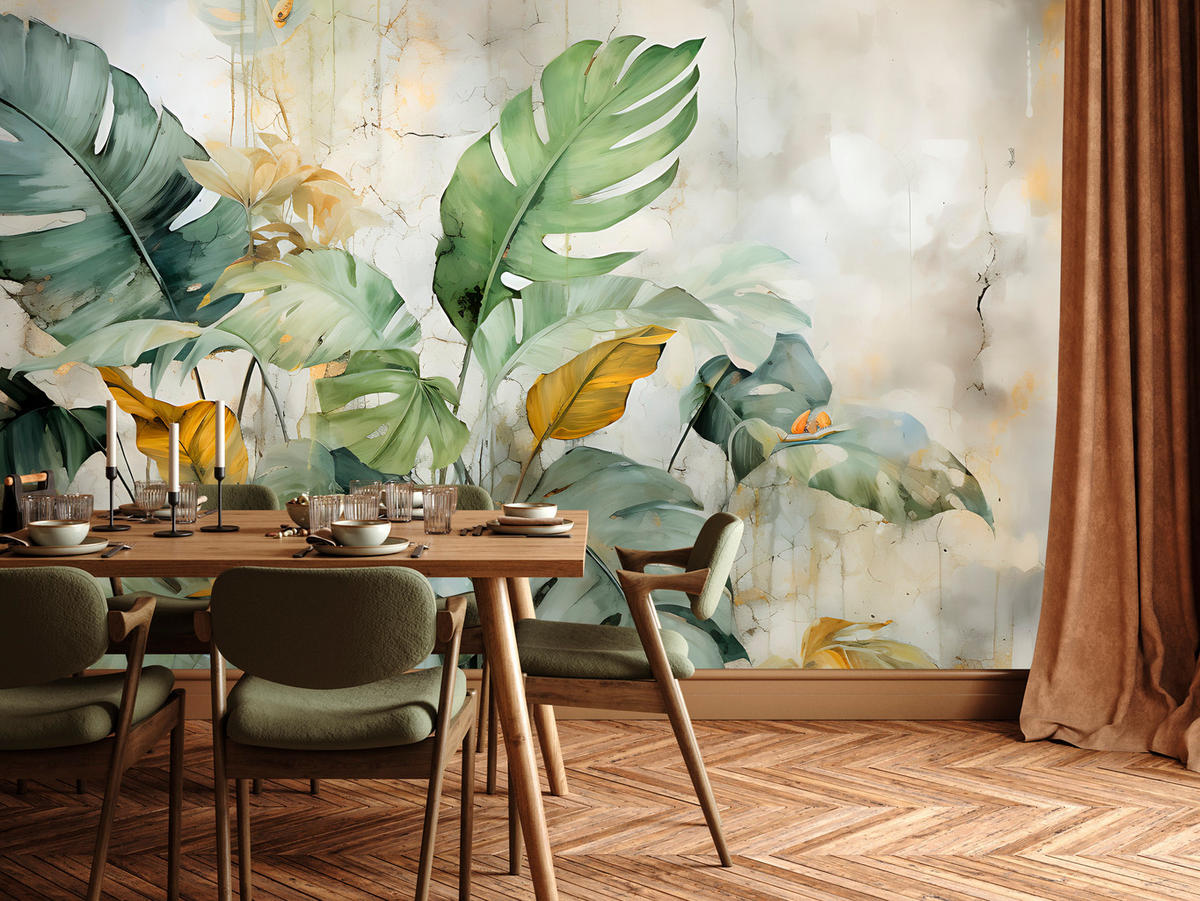 FOTOTAPETE für Esszimmer Pflanzen Tropische Blätter Beton Natur Aquarell 500x350 - Grün, Papier (500/350cm) - Muralo