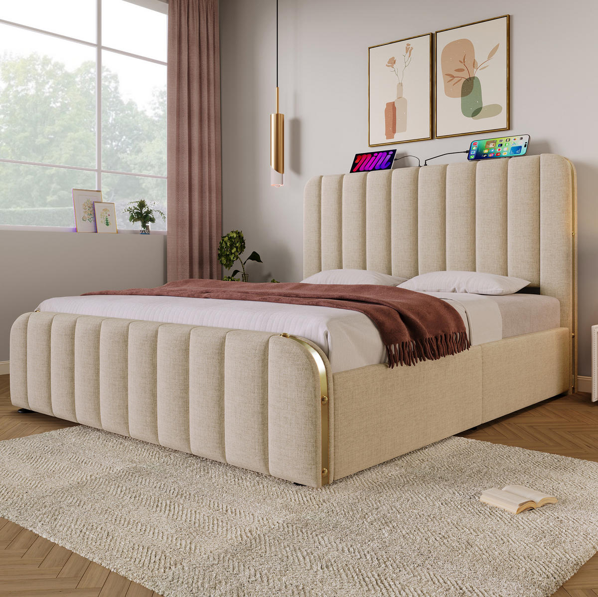 POLSTERBETT mit Matratze, USB und 4 Schubladen 160x200 cm Beige Leinen - Beige, Metall (160/200cm) - Meubliv