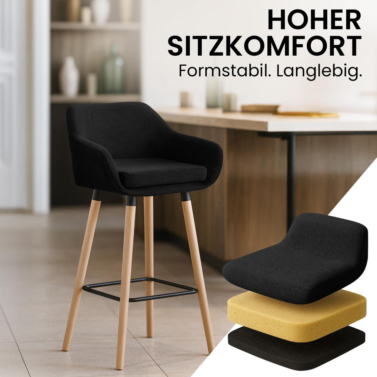 BARHOCKER 2er Set Stoff Schwarz - Eukalyptusholzfarben/Schwarz, Holz/Textil (55/99/46cm) - CLP