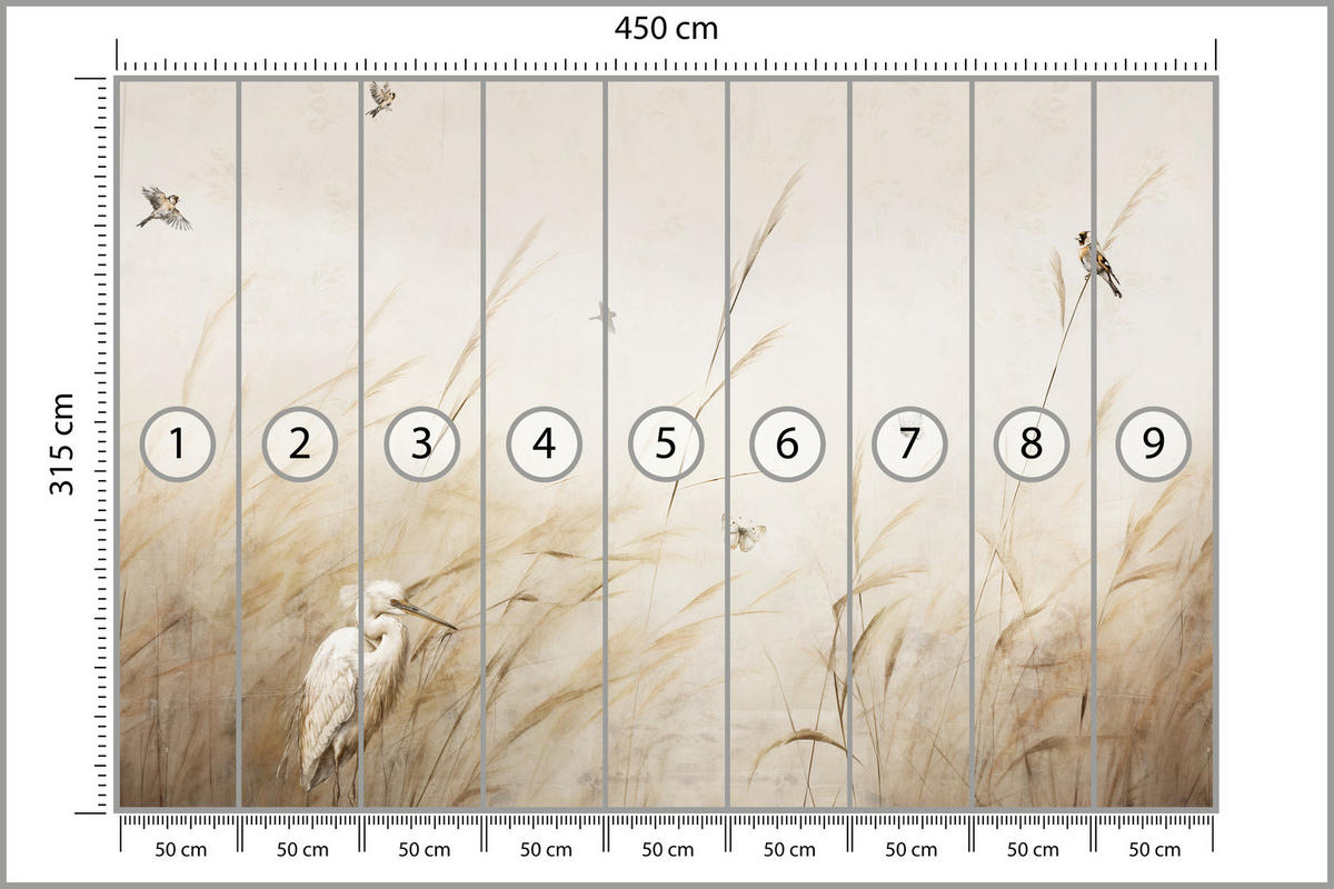 FOTOTAPETE für Schlafzimmer Vögel Storch Hohe Gräser Aquarell 450x315 - Beige/Gelb, Papier (450/315cm) - Muralo
