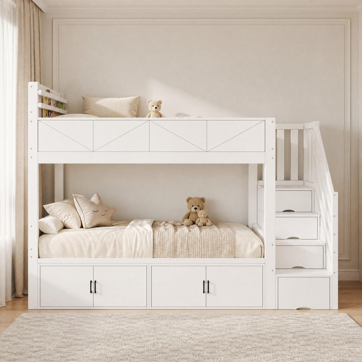 ETAGENBETT 90/200 cm aus Holz mit Stauraumtreppe, Weiß - Weiß, Holz (90/200cm) - OKMYHOME