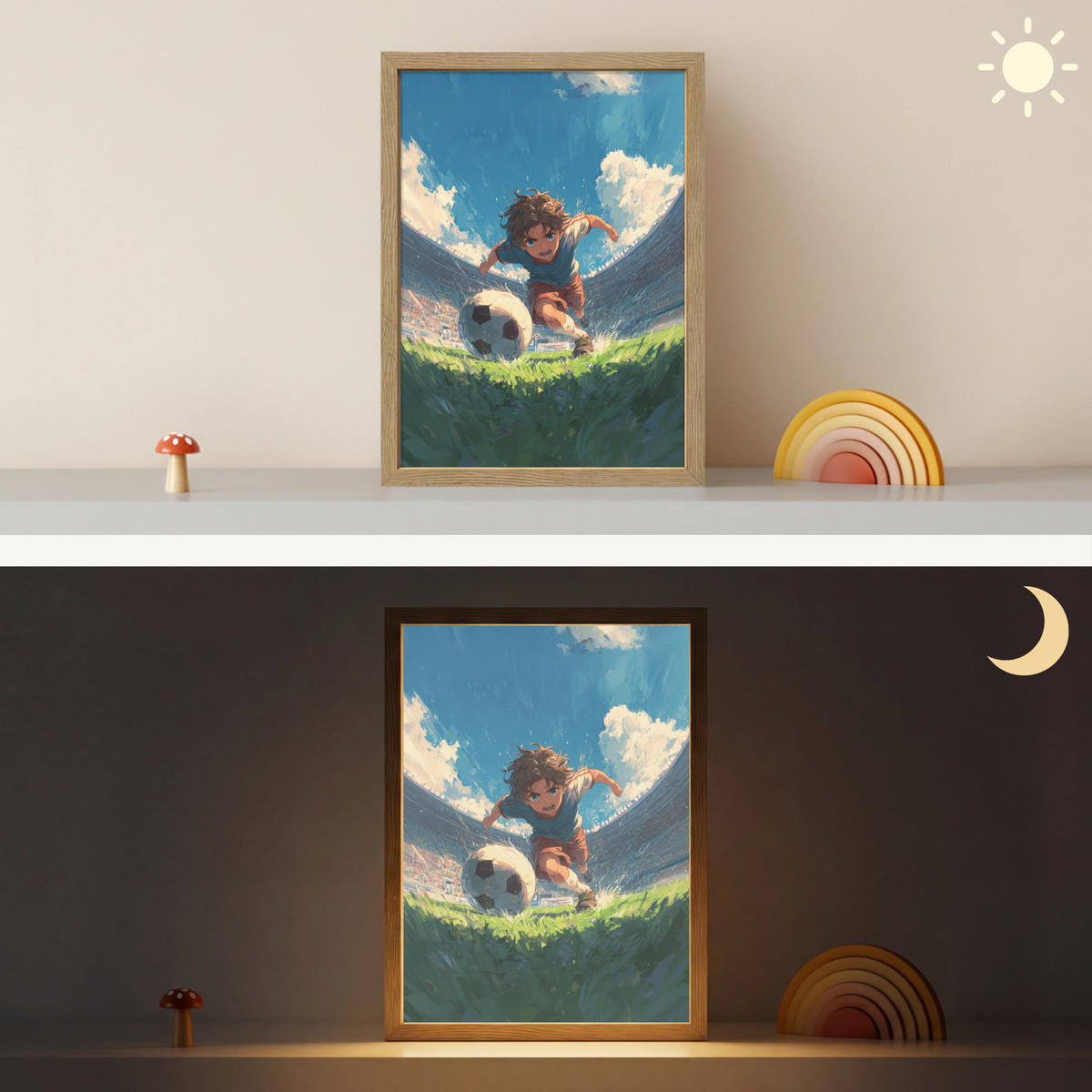 NÁSTĚNNÁ LAMPA S AKUMULÁTOREM Stadion - Fotbalista - Míč 30x40 cm - modrá, kompozitní dřevo (30/40/8cm) - OnlyWow