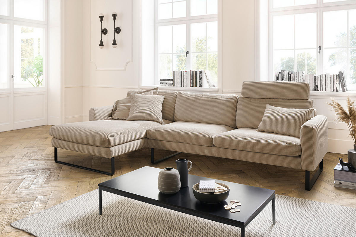 ECKSOFA RICARDA Taupe Cord - Taupe/Schwarz, Textil/Metall (298/154cm) - KAWOLA
