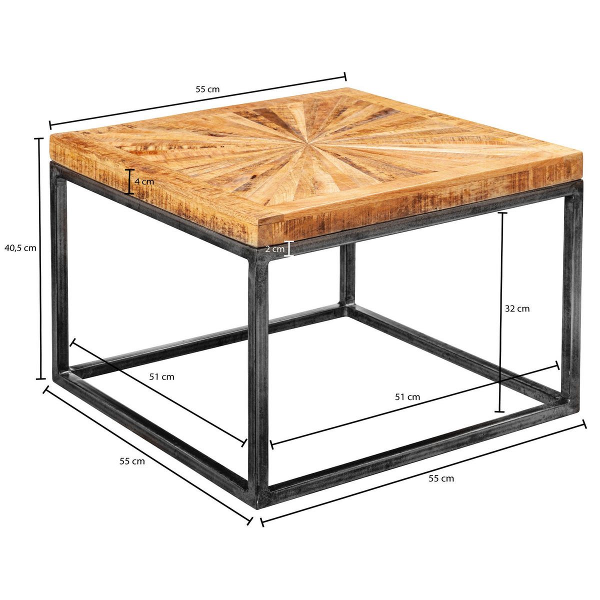 COUCHTISCH Mangoholz Modernes Design Große Ablagefläche Stabile Beine - Schwarz/Braun, Holz/Metall (55/55/40cm) - KADIMA DESIGN
