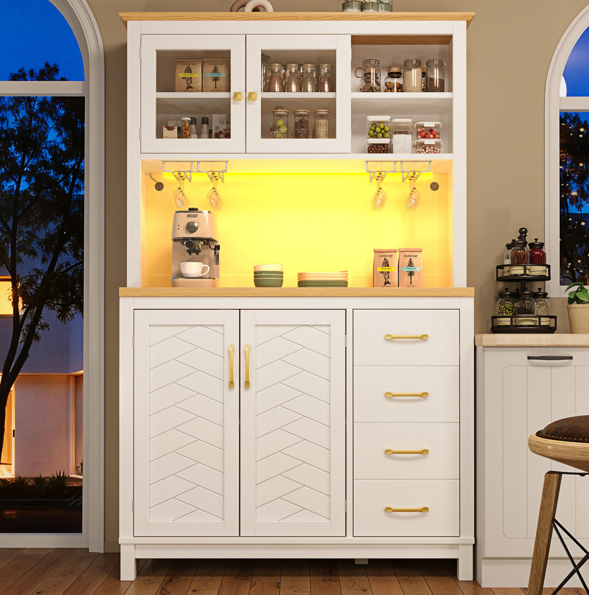 BUFFETSCHRANK 105,5/40/180 cm weiß aus MDF mit LED-Leiste - Weiß, Holzwerkstoff (105.5/180/40cm) - OKWISH