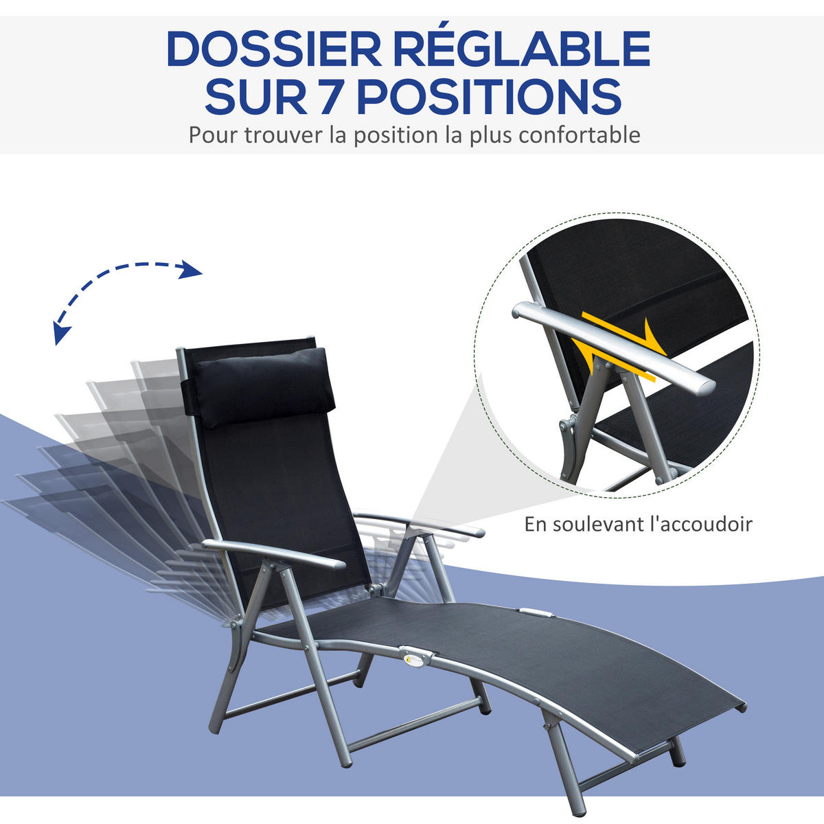 SONNENLIEGE DE-13547 7-fach verstellbar mit Kopfstütze Schwarz - Schwarz, Metall (63.5/100.5/137cm) - ComfortXL