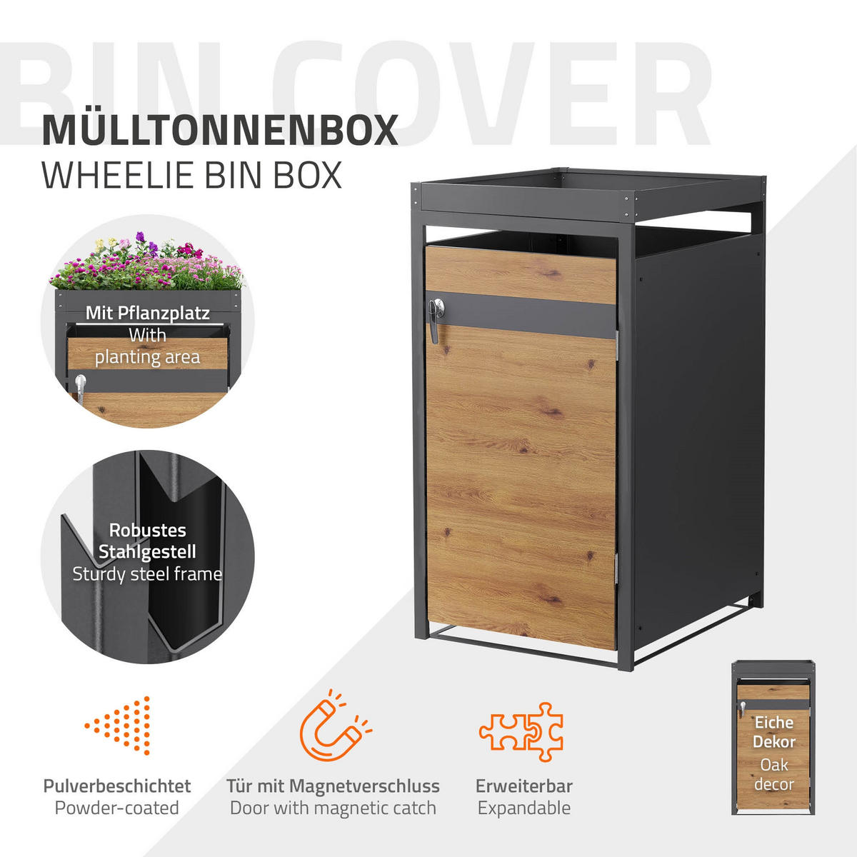 MÜLLTONNENBOX 1er mit Pflanzdach Anthrazit-Eichenoptik - Braun, Metall (68/124/80cm) - ML-DESIGN
