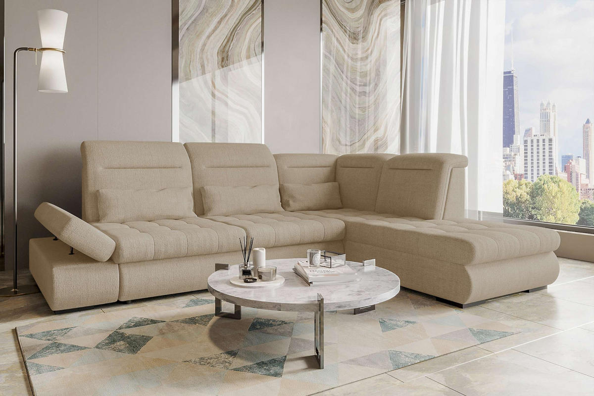 ECKSOFA Toscana Velours inkl. Schlaffunktion - Creme, Textil (279/227cm) - 99rooms
