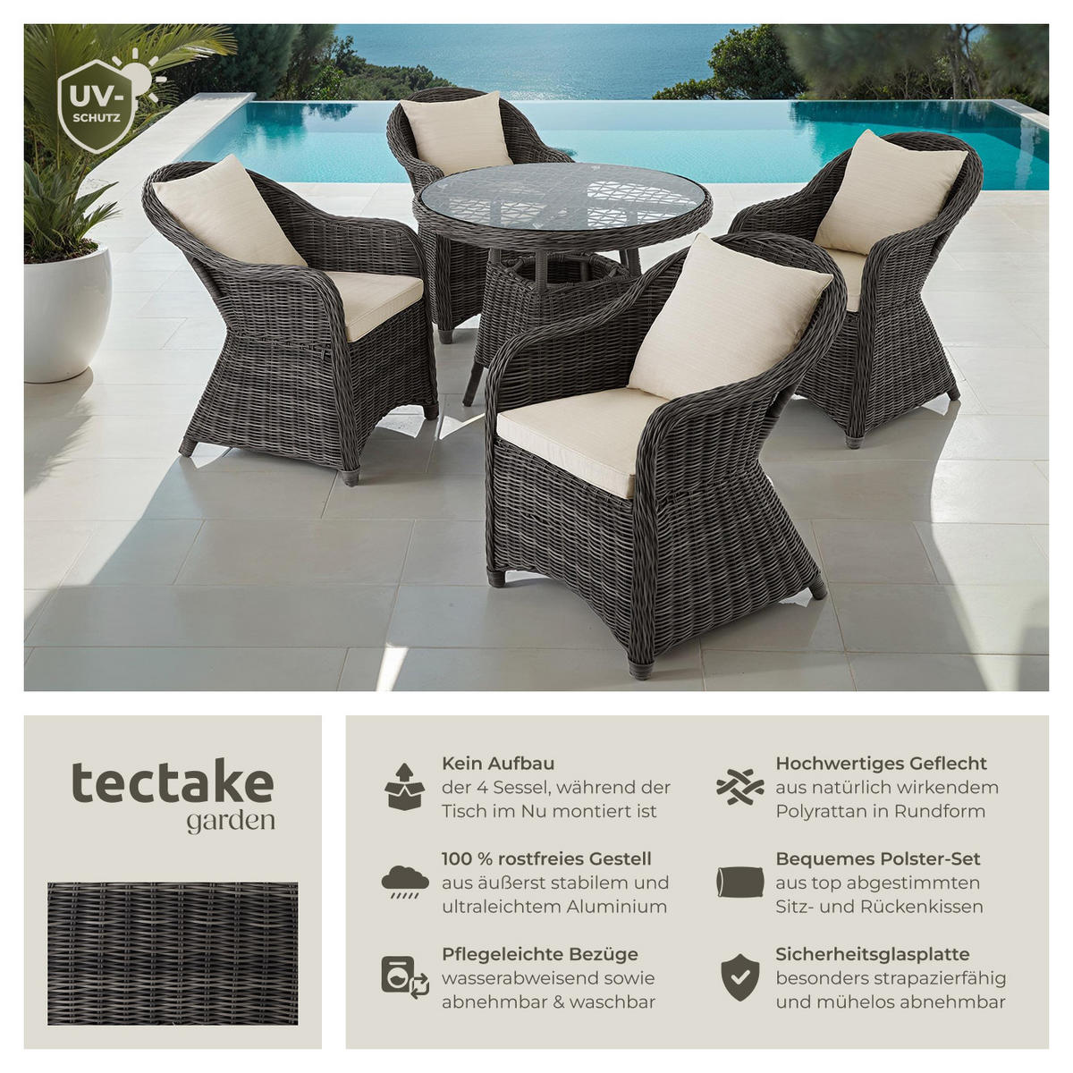 ALUMINIUM RATTAN SITZGRUPPE Zürich, kein Aufbau, grau - Grau, Kunststoff - tectake